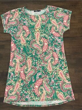 CURE. Womens Dress. Paisley Short Sleeve Mini Dress Green Pink Casual Sz Large